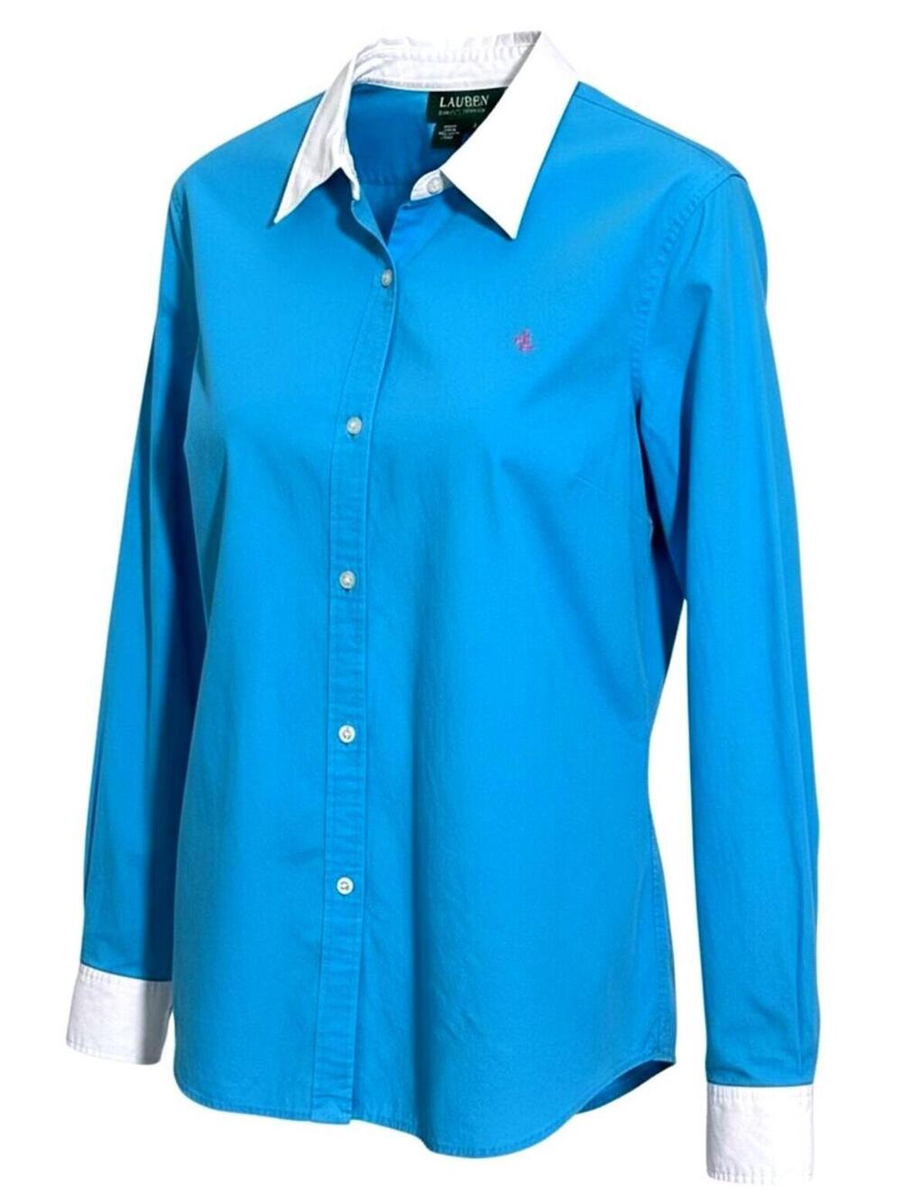 LAUREN Ralph Lauren Womens 8 Turquoise/White Logo Cotton Shirt w/ Contrast Cuffs